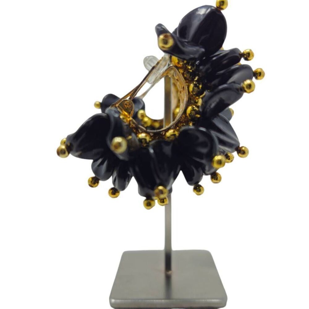 Vintage Black Beaded Half Hoop Cluster Earrings | 2.38" | Circa 1980s-1990s